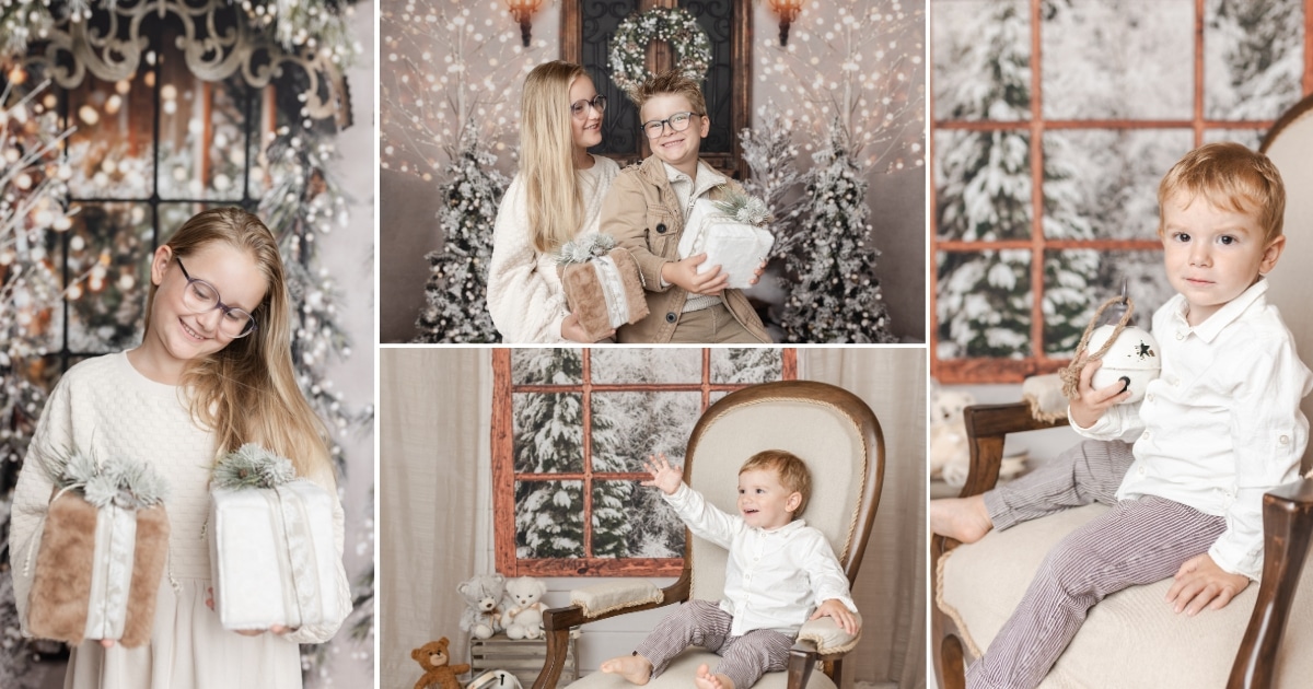 Enfants dans plusieurs décors de Noël